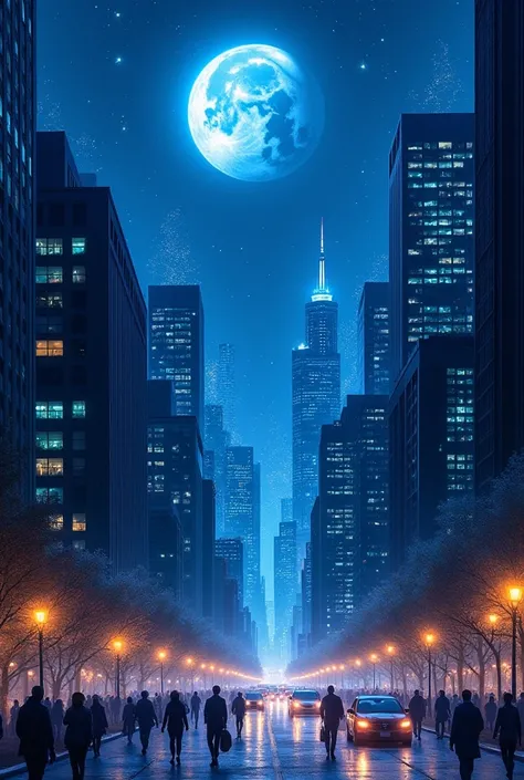 Night, blue moon, cityscape, beautiful details.