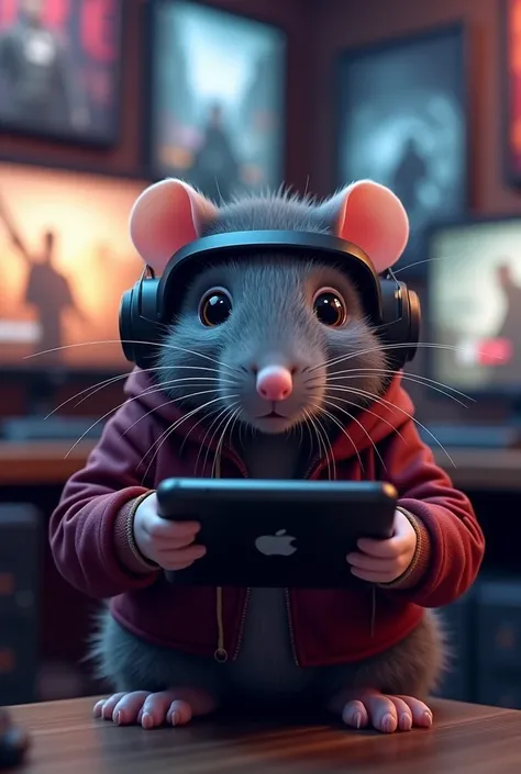 Emote of a gray rat with black gaming gear, holding an iPhone and playing COD Mobile, dressed in burgundy. 