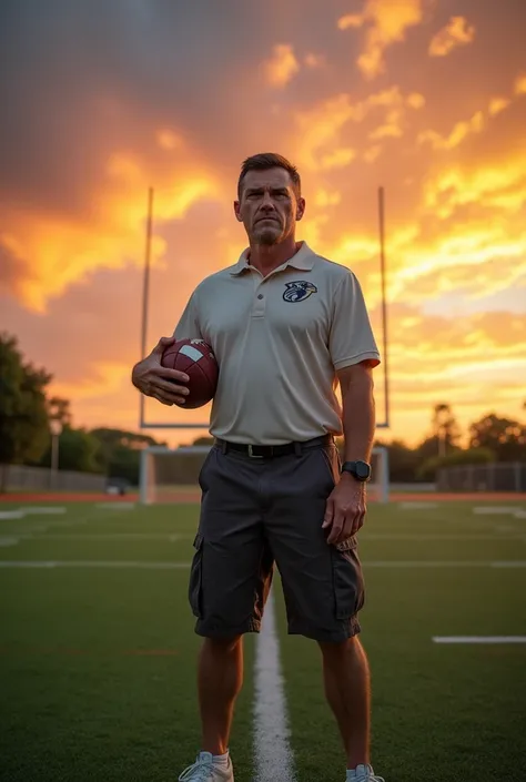 Create an image of a football coach, in the center of the field with the ball in his hand, no player, being responsible for winning the game alone 