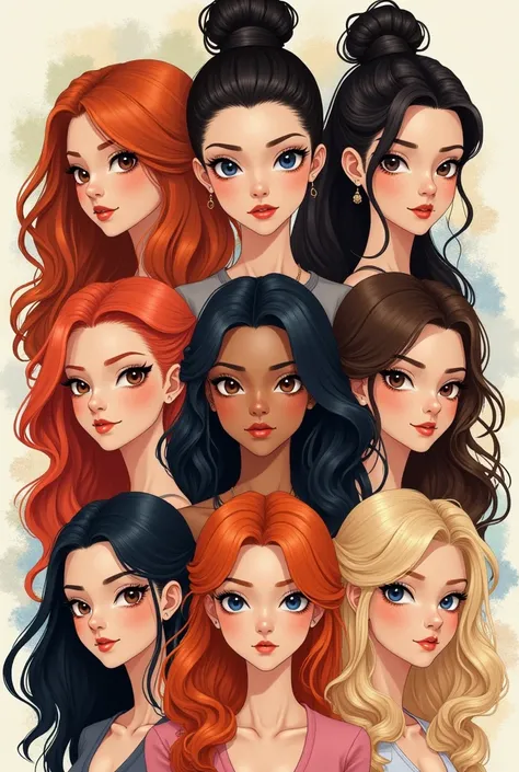 a set of womens avatars with different hairs and makeup, a detailed drawing, figurativism, by Miwa Komatsu, face variations, female hairstyles, various hair colors and styles, hair styles, various eyelid positions