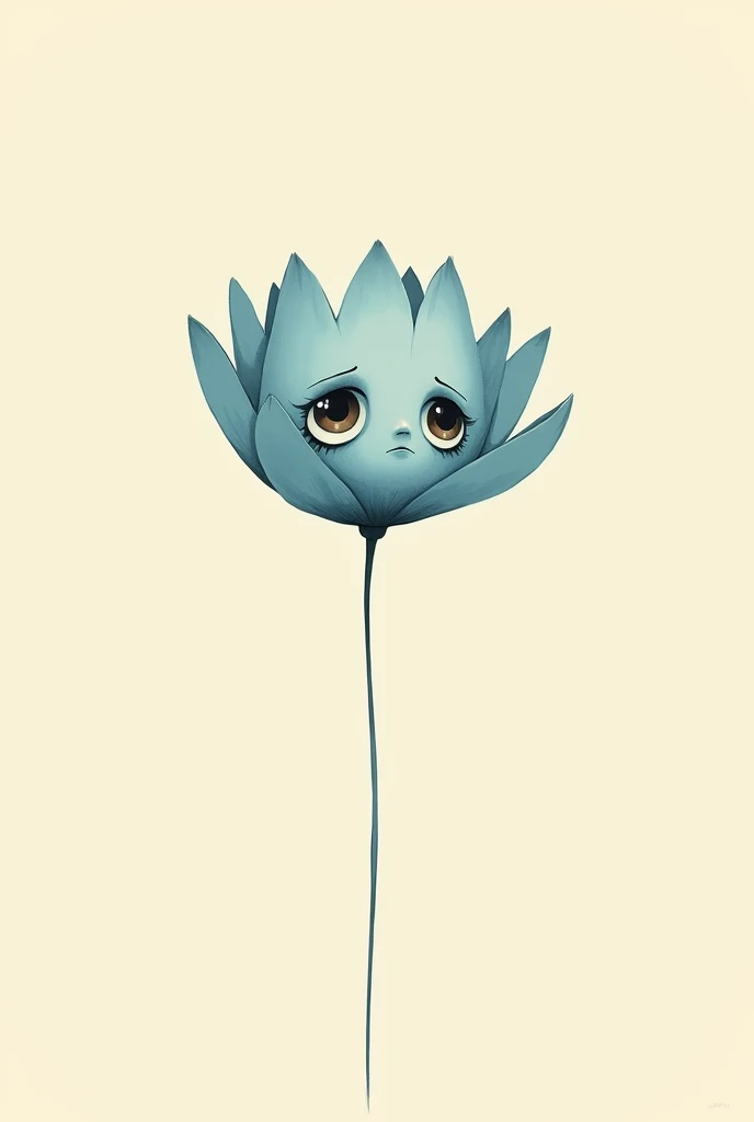 An illustration of a flower with blue petals ,with a sad and minimalist face,Vintage style illustration