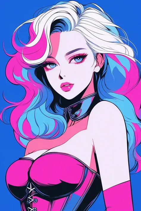 Illustrator, anime , Realistic ,sketch , 1 person, model, Portraiture, lip, She is wearing a strapless, corset-like bodysuit., order, Blue and pink gradient background, Neon colored hair, Big Breasts, Sexy look, Sexy pose, Texture Trim, Russia, (masterpiec...