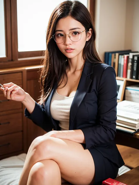 Top Quality, A beautiful, short-haired woman with an intelligent and sophisticated look, laugh, wearing stylish eyeglasses that accentuate her sharp, inquisitive eyes. Her hair is neatly styled in a modern, short cut that complements her facial features, g...