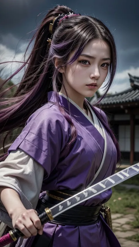 A young female samurai with long purple hair and purple eyes, wearing purple Japanese armor, holding a katana, set in a battlefield. Photo realistic, 8K quality, masterpiece, high resolution, high quality.