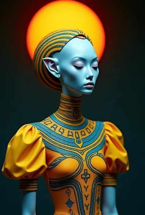 A close-up shot of the psychedelic alien priestess figure with pale blue face and closed eyes, set against a dark background. Soft, pulsing light radiates from the glowing orange sun-like orb on her head, casting an ethereal glow on her features. Striped c...