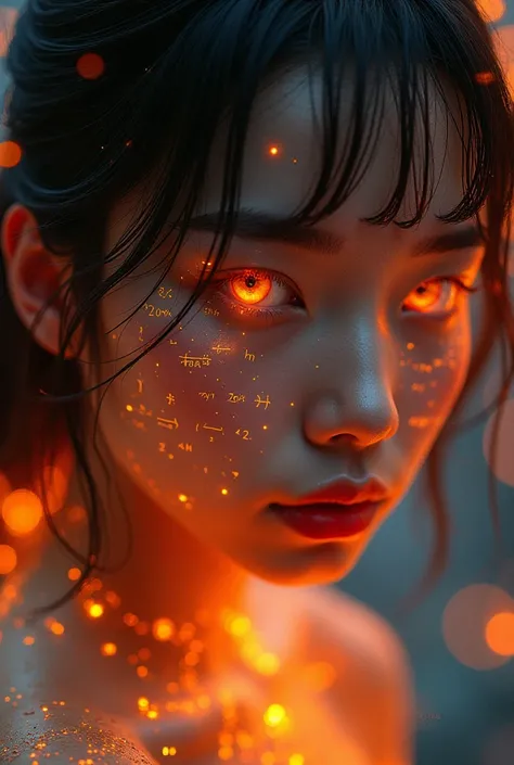 Close-up of a Dunhuang girls face, Glowing orange holographic equations projected onto her skin. Strong gaze, Realistic features. Dark background, Cyberpunk aesthetics. Glowing math formulas, Handwriting style. Futuristic, High-tech atmosphere. Photorealis...