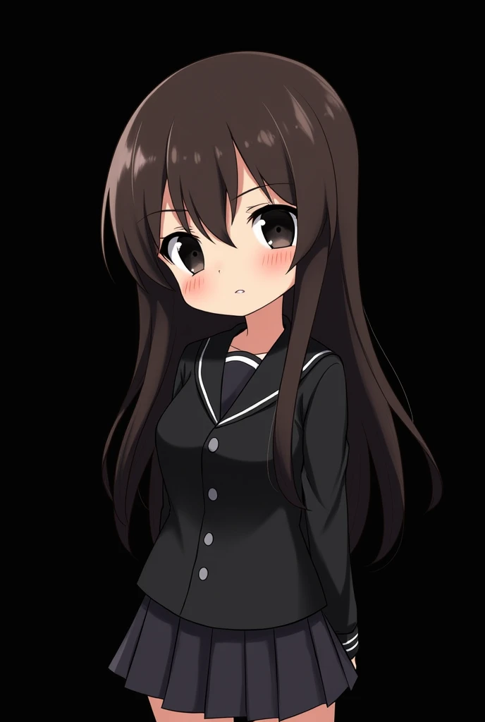 Black background , asian anime girl , brown hair , long and straight hair , black eye , bambi eye shape , wears black japanese school uniform , blush , serious expression , anger , chibi