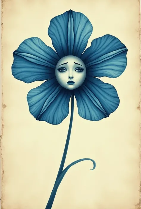 An illustration of a flower with blue petals ,with a sad and minimalist face,Vintage style illustration