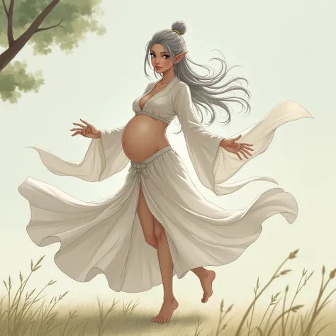 Anime Style　Brown skin　Silver Hair　Young face　low length　Big Breasts　Last month of pregnancy　Elf　See-through　White　Chinese clothing　Clothing　grassland　Wide Stride　　　Leg spread　dance