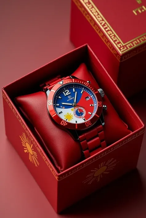 Create a red watch, put it in a box. Use the Philippine Flag as inspiration. Show the whole box, dont cut image 