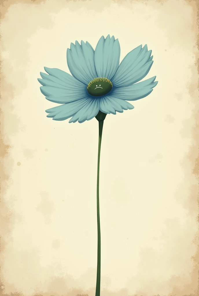 An illustration of a flower with blue petals ,with a sad and minimalist face,Vintage style illustration