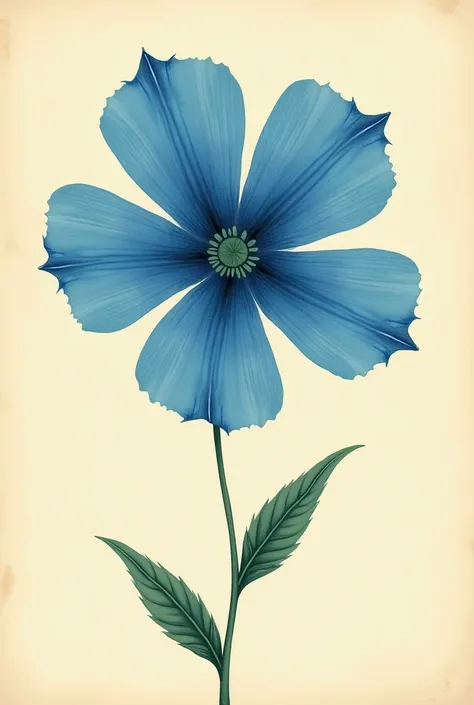 An illustration of a flower with blue petals ,with a sad and minimalist face,Vintage style illustration