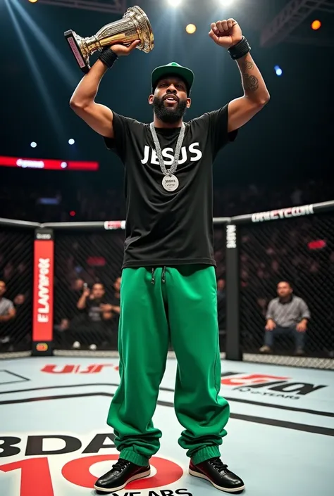 
 
In the UFC ring, a rapper with a black shirt that says jesus, green long pants and black sneakers and black cap .He is dark-skinned, has a mustache and has a silver necklace around his neck ,and on that necklace it says MVP. he is lifting the champion&#...