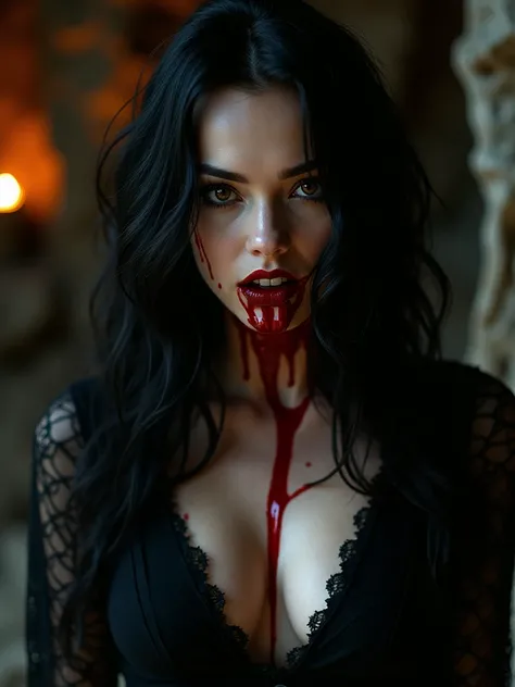 closeup of beautiful vampire woman with wolf fangs and blood splattered on her face, black hair, light brown eyes, cave environment