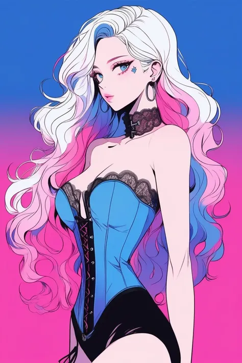 Illustrator, anime , Realistic ,sketch , 1 person, model, Portraiture, lip, She is wearing a strapless, lace-filled corset-like bodysuit., order, Blue and pink gradient background, Neon colored hair, Big Breasts, Sexy look, Sexy pose, Texture Trim, Russia,...