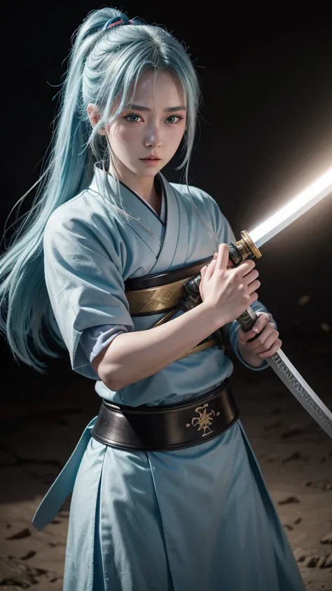 A young female samurai with long light blue hair and light blue eyes, wearing light blue Japanese armor, holding a katana, set in a battlefield. Photo realistic, 8K quality, masterpiece, high resolution, high quality.