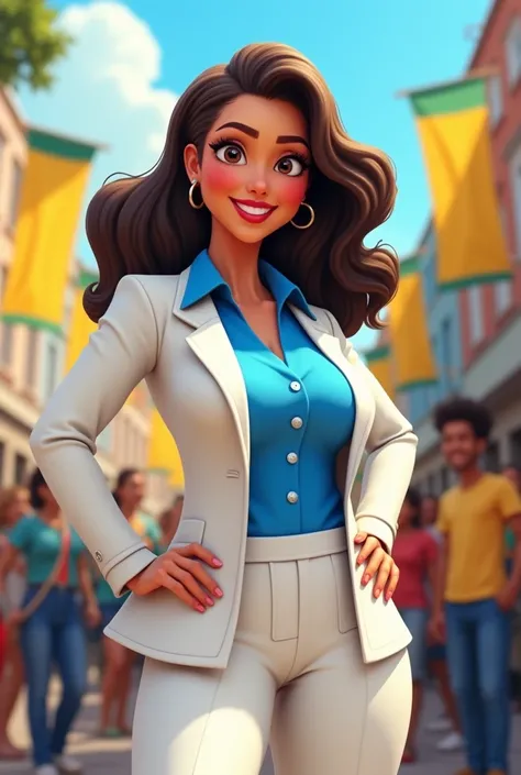 Cartoon character of a Brazilian woman, white suit blue shirt, forehead a little big. large-breasted animation character, for election  Stylized character, animation style rendering, 3d stylized, Arnold Maya rendering, Stylized 3D rendering, toon render sc...