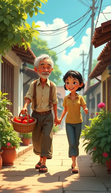 Uncle Tu is an old man, skinny with gray hair and tanned skin. He usually wears simple clothes like old shirts, long pants and sandals. Mr. Tu brought a basket of tomatoes to everyone in the neighborhood. Mr. Tu gave it to Mrs. Sau, 50 years old. 3D animat...