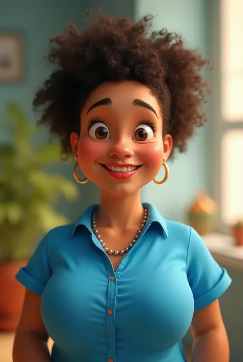 Cartoon character of a Brazilian woman in a blue shirt, forehead a little big. large-breasted animation character, stylized character, animation style rendering, 3d stylized, Arnold Maya rendering, Stylized 3D rendering, toon render screenshot, 3d characte...