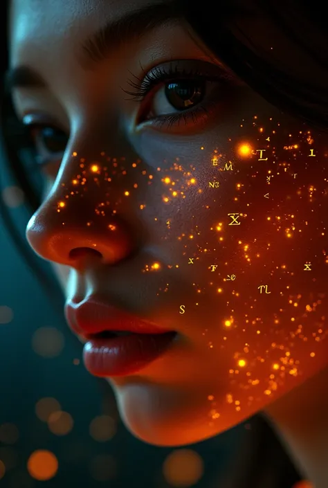 Close-up of a Dunhuang girls face, Glowing orange holographic equations projected onto her skin. Strong gaze, Realistic features. Dark background, Cyberpunk aesthetics. Glowing math formulas, Handwriting style. Futuristic, High-tech atmosphere. Photorealis...