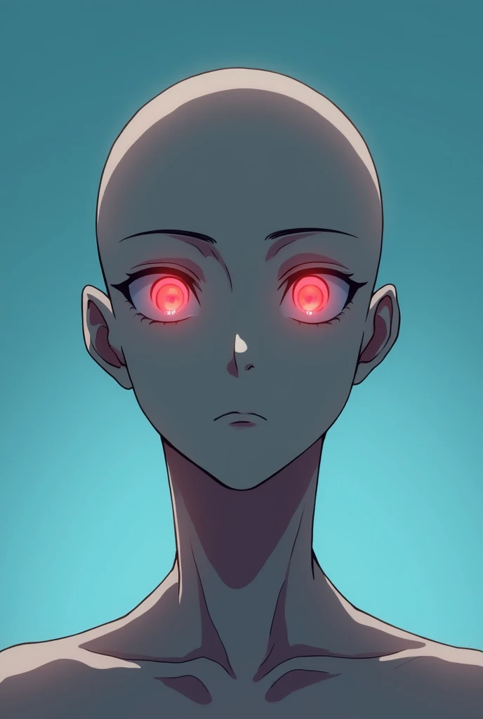 A man with red eyes and no hair on his head. A detailed anime-style portrait of a young character standing with no hair on his head. His face looks clear. He naturally looks straight ahead. It can be seen that he is not wearing any clothes, the plane in th...