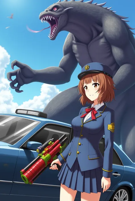 Japanese anime style。A beautiful girl in a uniform is standing next to a car, holding colorful sci-fi weapons。The girl fights the monster.