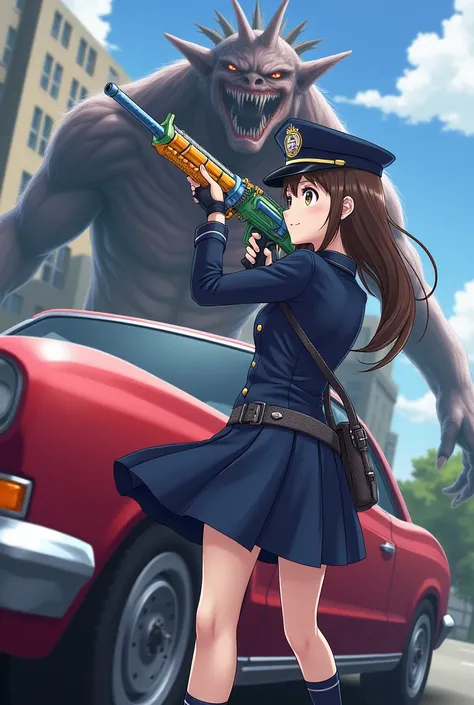 Japanese anime style。A beautiful girl in a uniform is standing next to a car, holding colorful sci-fi weapons。The girl fights the monster.