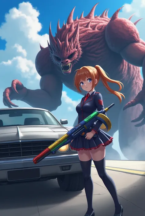 Japanese anime style。A beautiful girl in a uniform is standing next to a car, holding colorful sci-fi weapons。The girl fights the monster.