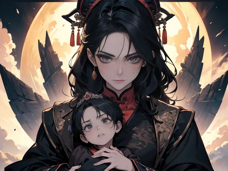 mother and child, hugging, looking at each other, gazing at each other, (mother and child), (boy), (masterpiece, best quality: 1.2), ((solo)), wearing ancient Chinese court clothing, hairpin, hair accessories, delicate facial features, dark tones, black ha...