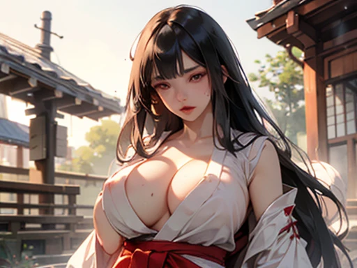 (Big Tits,valley,Plump,Saggy breasts,Rocket Breasts),sexy,whole body,(Long Hair,Black Hair,Straight bangs),Breast bag,Shrine maiden,Priesthood,Shrine maiden服,Scarlet hakama,shrine,Tree Eyes,Worried brow,cool,Beauty,Nipples,transformation,Dirty pervert