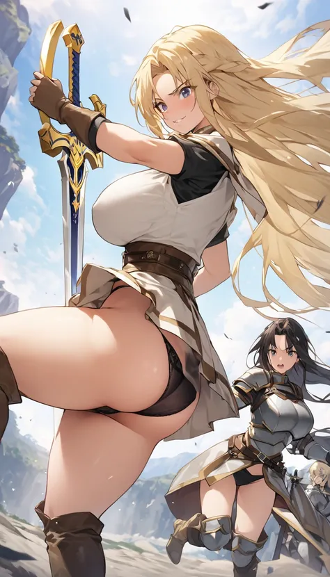 Ultra-high definition image quality、beautiful girl、Female Swordsman、Light armor、Greeboots、Long Hair、blonde、20-year-old、intimidating face、Very short tight skirt、Cowgirl、wilderness、Highest quality,Big Ass、Big Breasts、Thighs、Grasping the hilt of the holy swor...