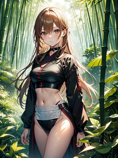 (Bamboo Forest), The background is a bamboo forest, Misaka Mikoto, Fisting, Tai Chi, 1girl, black choker, uhd, retina, masterpiece, ccurate, anatomically correct, textured skin, super detail, high details, high quality, best quality, highres, 4K