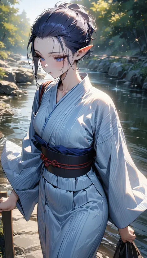 dark blue hair, short hair, bangs pinned back, long eyelashes, pointy ears, sparkle, best quality, high quality, high details, award winning, ((super detail)), textured skin, ((masterpiece)), Yukata, traditional Japanese clothing, slightly open yukata, lig...