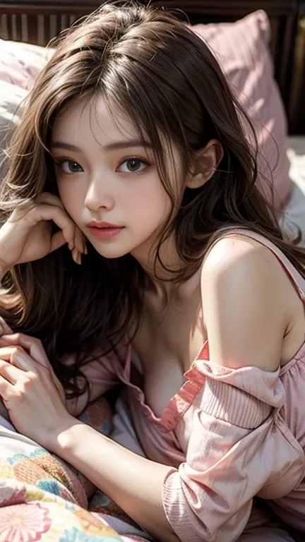 Lying face down on the bed, look at me, 22 years old, Realistic, She is wearing long pants, She is wearing pink pajamas, Brown Hair.　camisole、Shorts,Her chest is visible from the front.