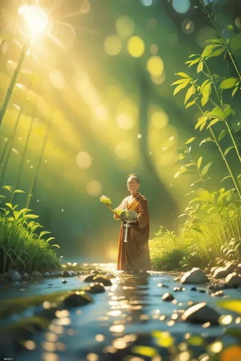 (masterpiece, best quality: 1.2)bamboo forest，river，，sun，monk