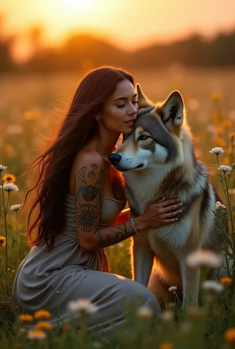 Masterpiece, realistic photography, outdoor, arafed woman sitting in a field with a wolf, wolf companion, tenderness, wolfgirl,wolves and their treasures, her friend the wolf,