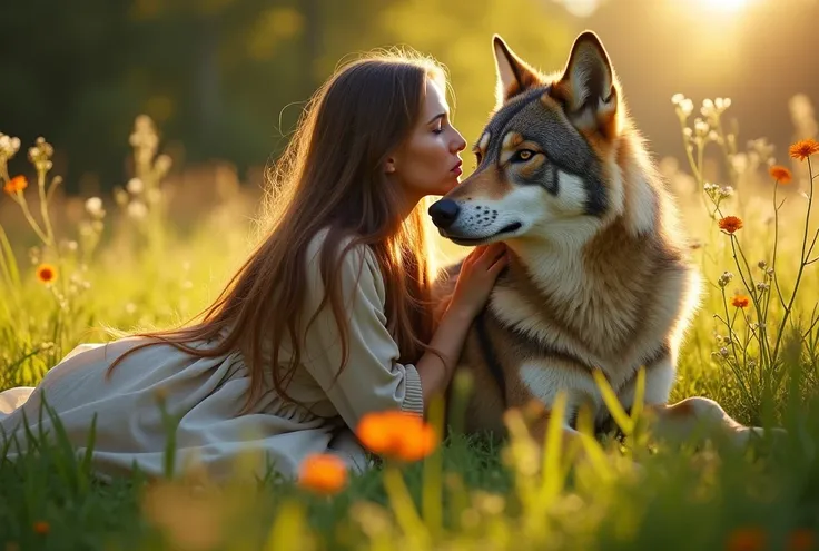 Masterpiece, realistic photography, outdoor, arafed woman sitting in a field with a wolf, wolf companion, tenderness, wolfgirl,wolves and their treasures, her friend the wolf,