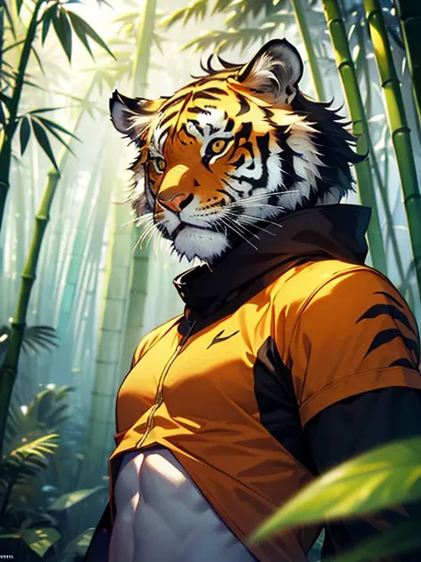 Tiger, The background is a bamboo forest, uhd, retina, masterpiece, ccurate, anatomically correct, textured skin, super detail, high details, high quality, best quality, highres, 4K