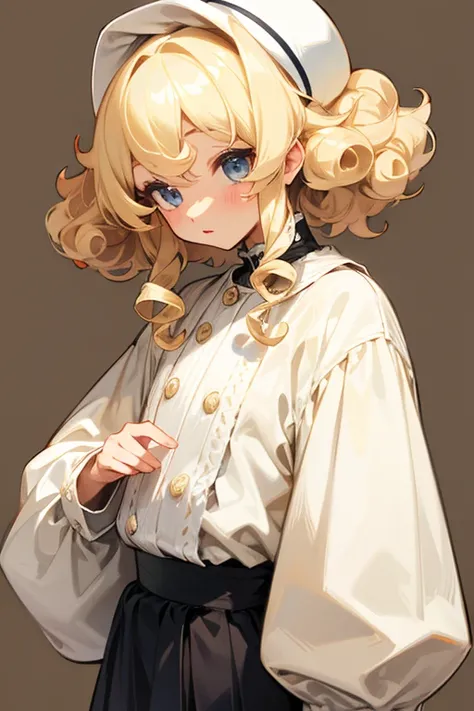 A white person with blonde curly hair, Cute clothes、