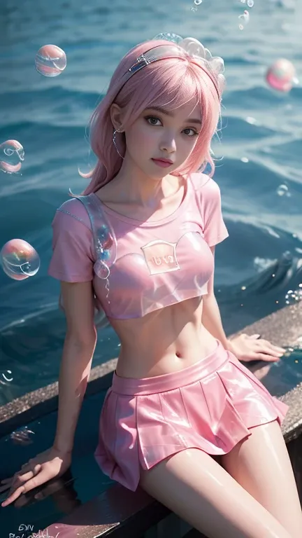 8K, Ultra HD, masterpiece, (Very detailed), 1 girl, 18 years old, ((glossy body)), slim, rib cage, bone, Smiley Face, Long hair, Delicate eyes, Delicate lips, Small Breasts, (bubble cosplay:1.5), ((Pink Mini Skirt)), (Pink T-shirt:1.5), (halter T-shirt 1.5...