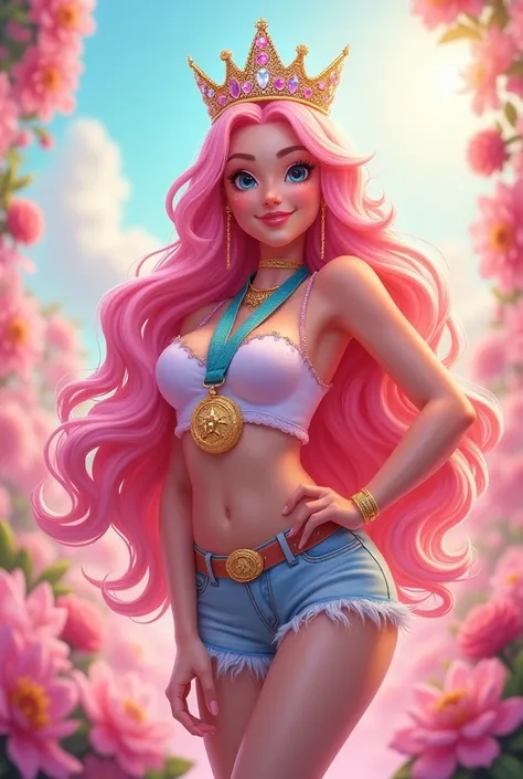 a full body image of a playfully feminine character, with long pink hair, with the emotion of pride, with a crown and a medal on his chest, with posture 