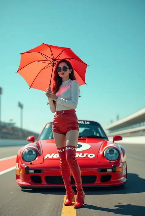 
uhd, realistic, racing queen with korean beauty similiar to tae yon with her face clearly visible, wear boot, left hand holding a open umbrella, on race track, full signal light on top, morning sky, the background is racing porsche 959 full racing sponsor...