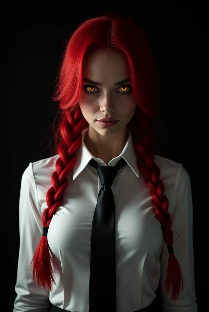 makima (chainsaw man), best quality, ultra detailed, 1girl, solo, standing, red hair, long braided hair, golden eyes, bangs, medium breasts, white shirt, necktie, stare, smile, (evil:1.2), looking at viewer, (interview:1.3), (dark background), from below, ...