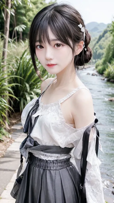 A super cute tsundere girl、Waist size is 21 inches、Expressing the surge of romantic feelings physically、Big Breasts、A cute pleated skirt with an ultra-thin waist、Cute oversized shirt、A forest road along a river hidden from view、The highest standard of ultr...