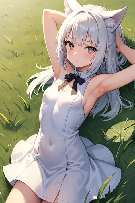 One Girl　cute　Petite　breasts are slightly larger　The legs are very thin　Wolf ears　White shorthair　Data dress　(((The background is inside the grass.)))　Place your hands behind your head.　Embarrassed face