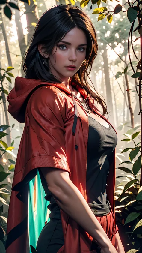 close-up portrait of new lara croft in the forest, (backlight), realistic, masterpiece, highest quality, ((red hooded cloak)), (...