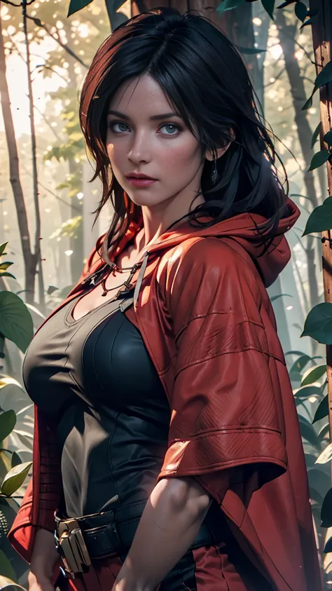 close-up portrait of new lara croft in the forest, (backlight), realistic, masterpiece, highest quality, ((red hooded cloak)), (...