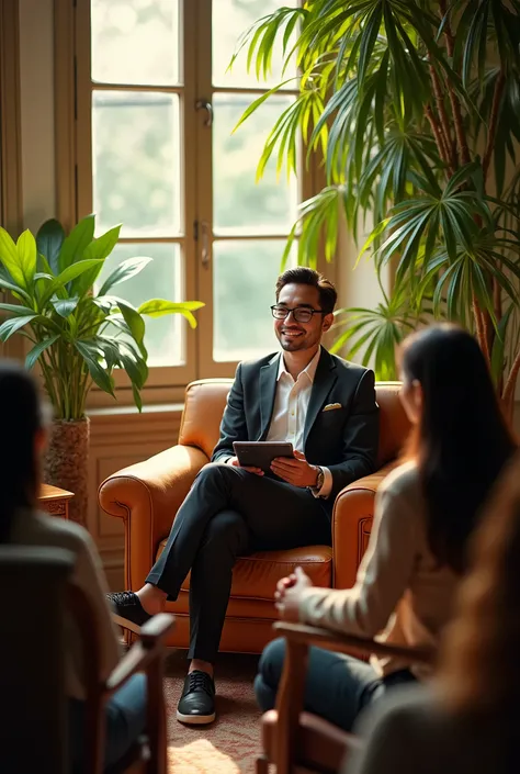 (photorealism:1.2), charismatic man lecture from Indonesia, sitting on esthetic chair, wearing good stuff, hold an ipad, indoors, soft lighting, plants in background, window with sunlight, cozy room, relaxed pose, realistic, intricate details, warm colors,...