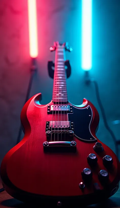 Create a smartphone wallpaper of a Gibson SG., Neon Light、(masterpiece:1.3) (最high quality:1.2) (high quality:1.1)、Cinematic Light,(Film Gain:1.4)|(VHS Video:1.2)(old analog film photography:1.4) Vintage Film (1.8), Analog camera (1.5), Film Grain (1.4), L...