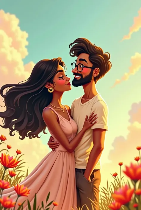 A curvy girl not fat, long hair wearing summer dress with her lover boy who has short beard he is little skinny wears glassses make both brown but girl more fair than boy give them indian features and not so realistic 
Same pic but Give girl a bigger bust ...